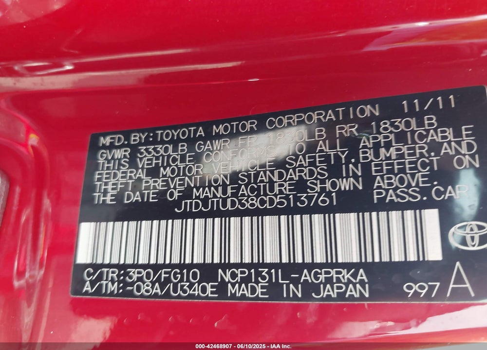 2012 TOYOTA YARIS LE VIN: JTDJTUD38CD513761