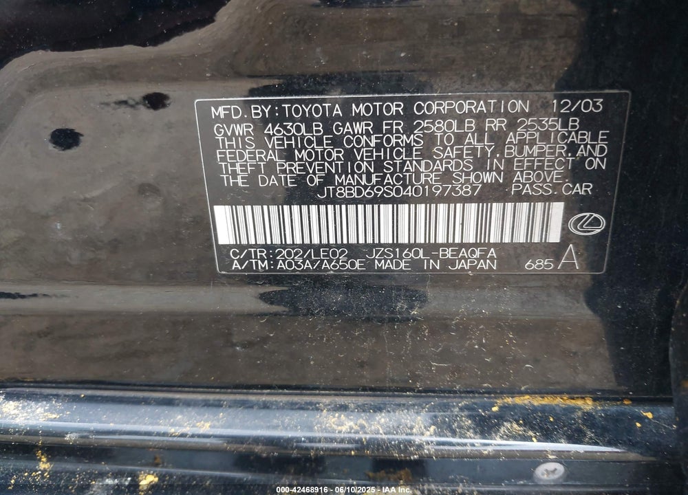 2004 LEXUS GS 300 VIN: JT8BD69S040197387