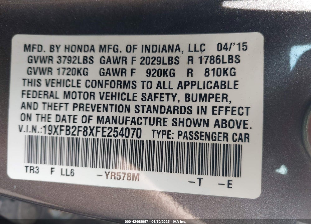 2015 HONDA CIVIC VIN: 19XFB2F8XFE254070