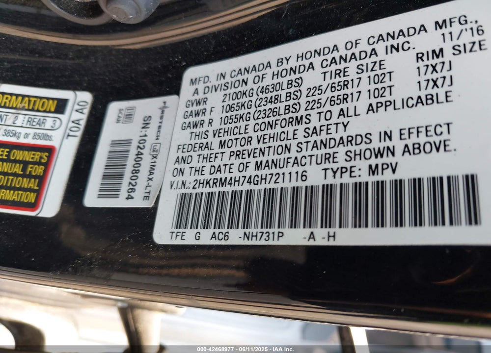 2016 HONDA CR-V EX-L VIN: 2HKRM4H74GH721116
