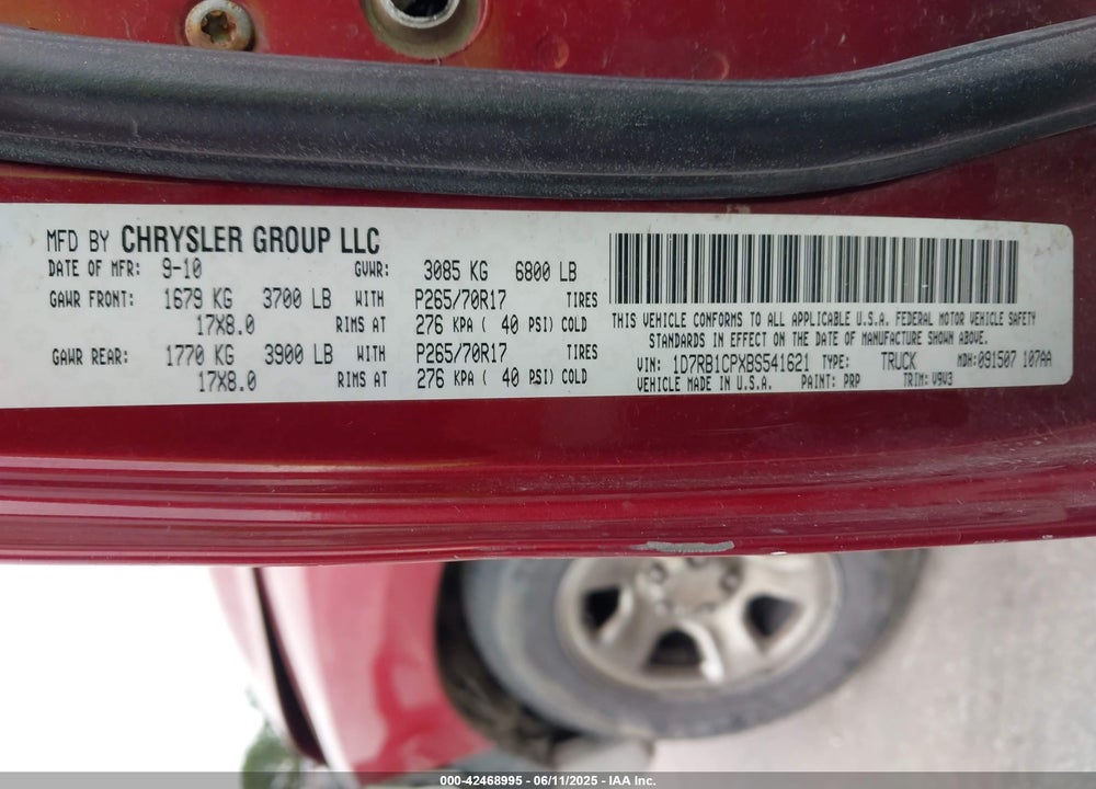 2011 RAM RAM 1500 VIN: 1D7RB1CPXBS541621
