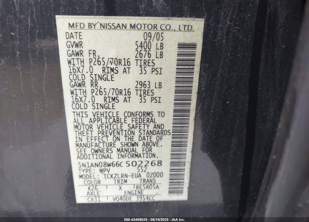 2006 NISSAN XTERRA VIN: 5N1AN08W66C502268