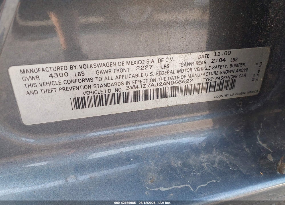2010 VOLKSWAGEN JETTA S VIN: 3VWJZ7AJ2AM066622