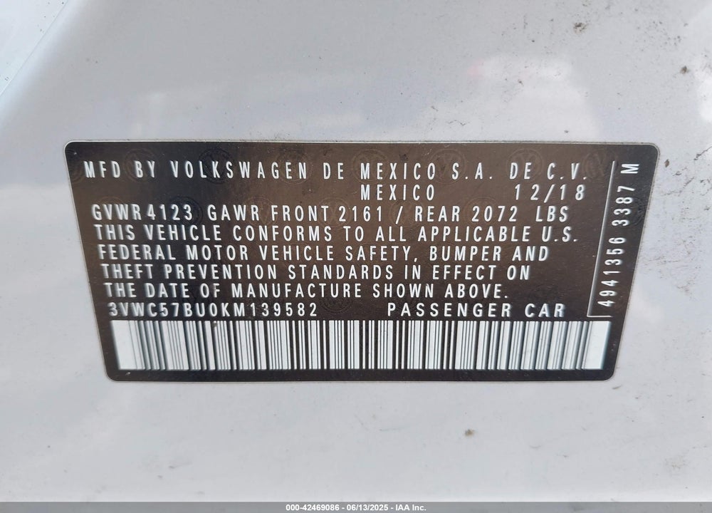 2019 VOLKSWAGEN JETTA VIN: 3VWC57BU0KM139582