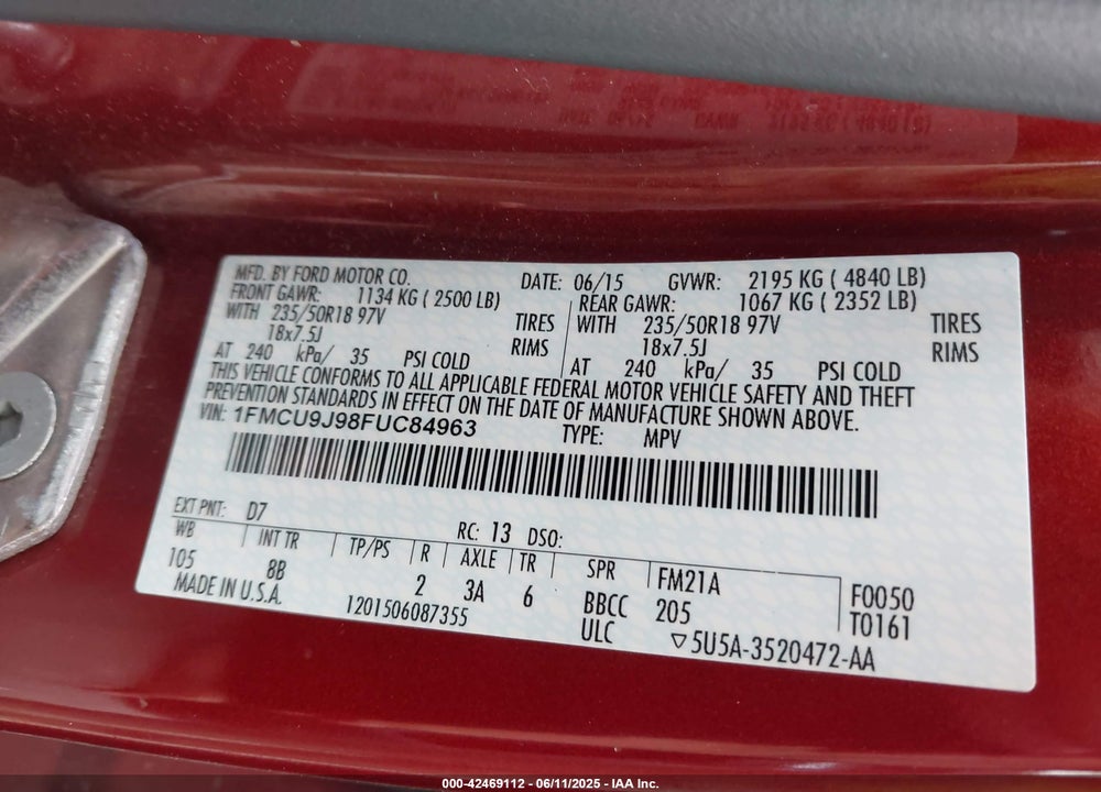 2015 FORD ESCAPE VIN: 1FMCU9J98FUC84963