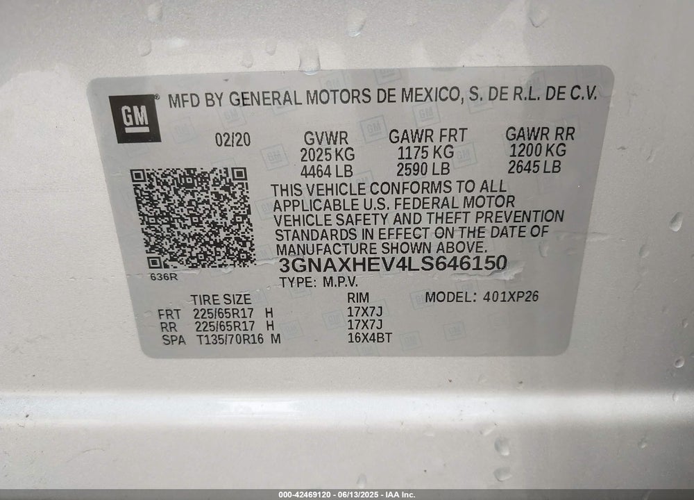 2020 CHEVROLET EQUINOX FWD LS VIN: 3GNAXHEV4LS646150