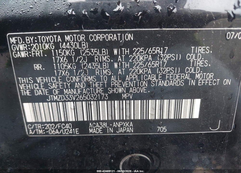 2006 TOYOTA RAV4 VIN: JTMZD33V265032173