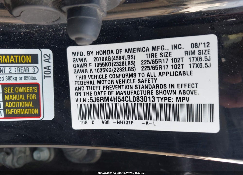 2012 HONDA CR-V VIN: 5J6RM4H54CL083013