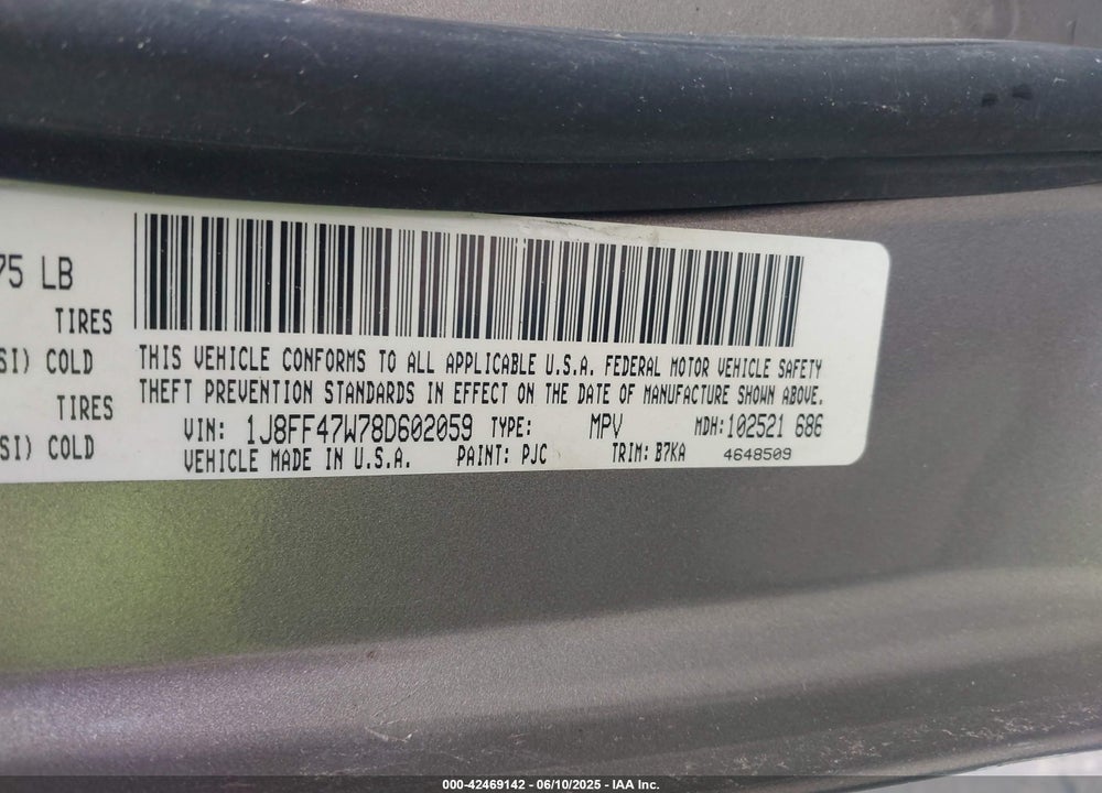2008 JEEP COMPASS SPORT VIN: 1J8FF47W78D602059