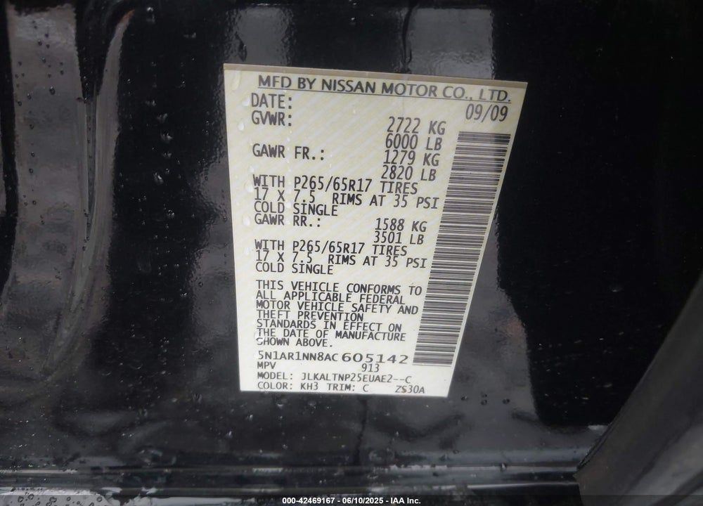 2010 NISSAN PATHFINDER VIN: 5N1AR1NN8AC605142