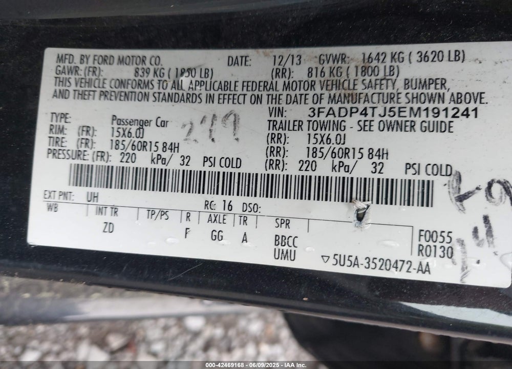 2014 FORD FIESTA VIN: 3FADP4TJ5EM191241