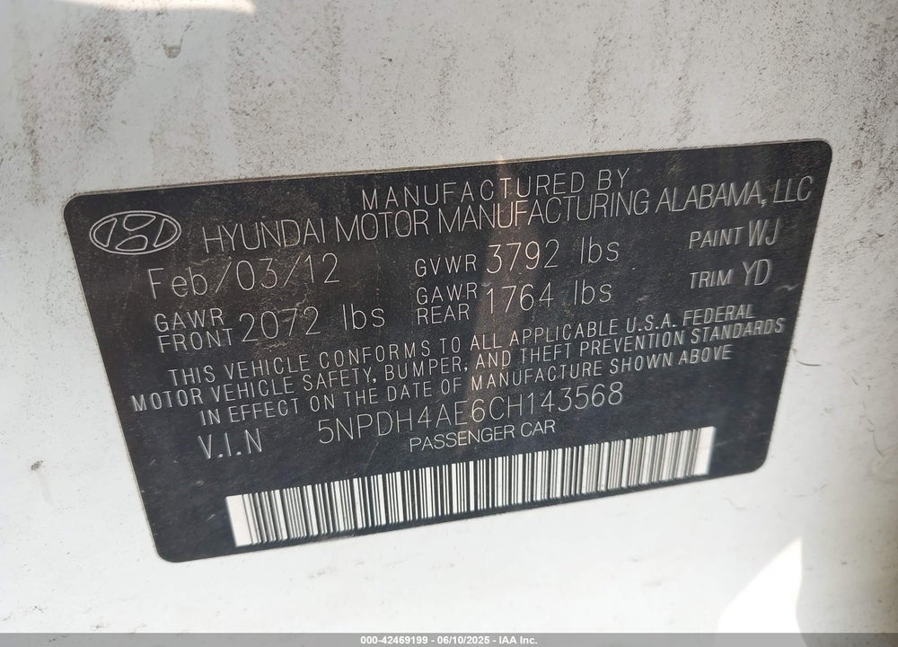 2012 HYUNDAI ELANTRA VIN: 5NPDH4AE6CH143568