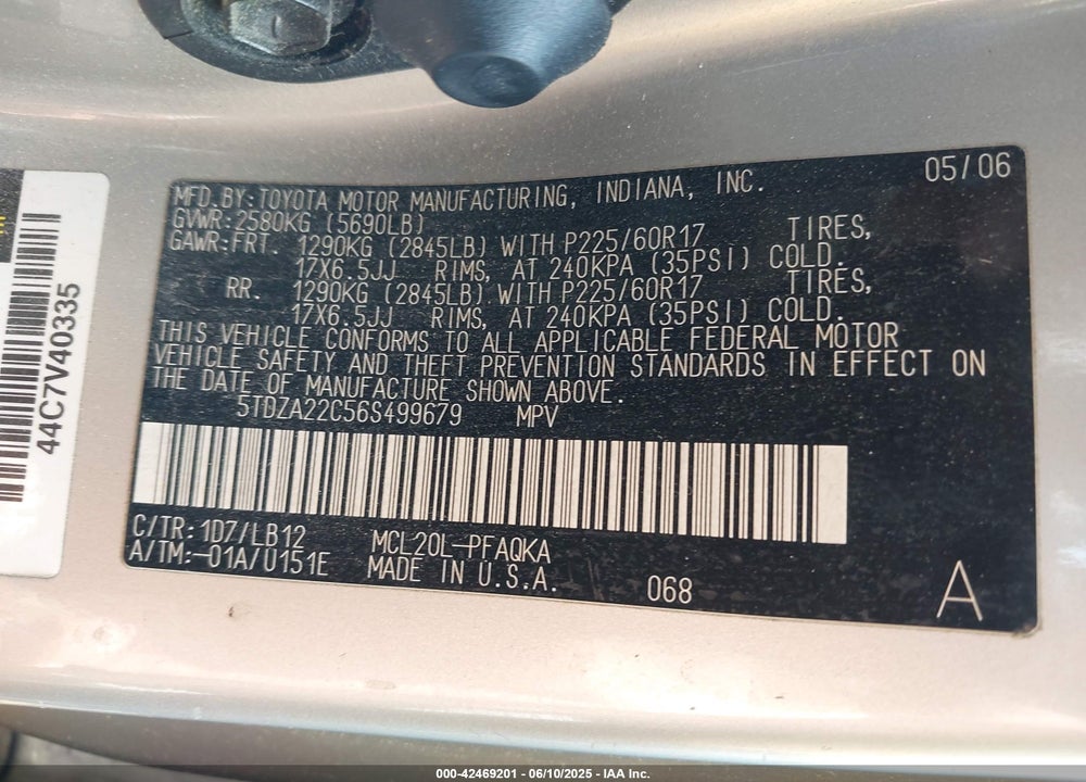 2006 TOYOTA SIENNA XLE VIN: 5TDZA22C56S499679