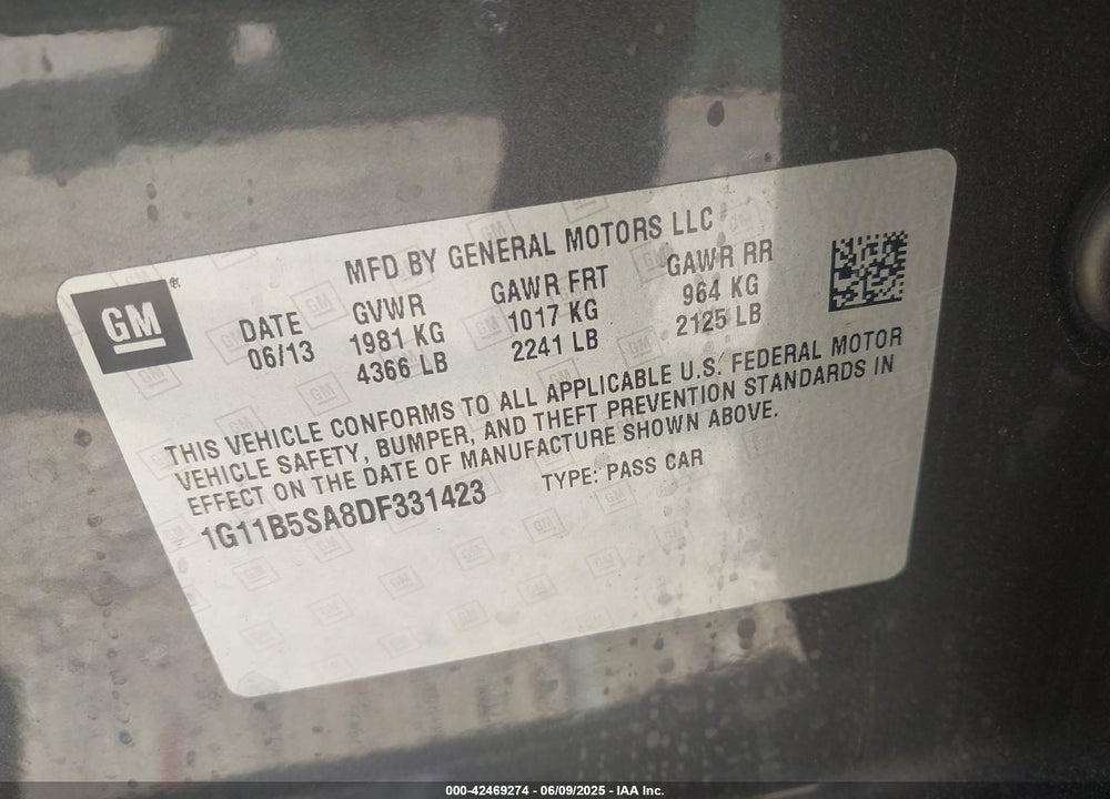 2013 CHEVROLET MALIBU VIN: 1G11B5SA8DF331423