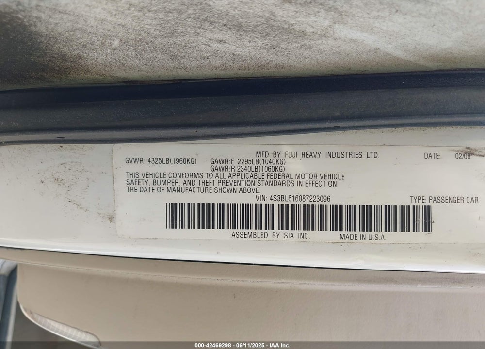 2008 SUBARU LEGACY 2.5I VIN: 4S3BL616087223096