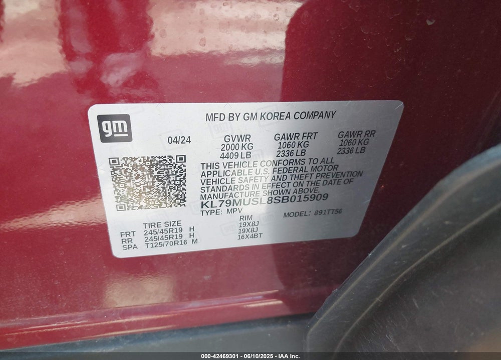 2025 CHEVROLET TRAILBLAZER VIN: KL79MUSL8SB015909