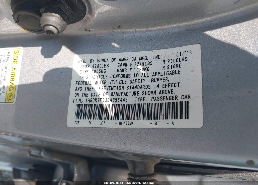 2013 HONDA ACCORD VIN: 1HGCR2F33DA096448