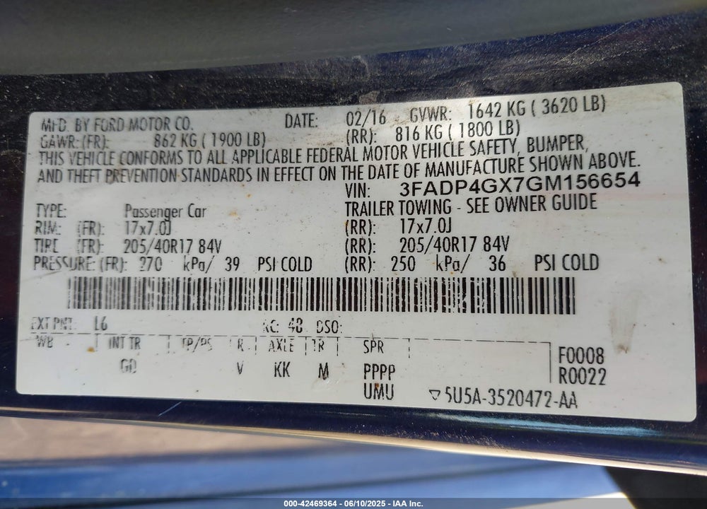 2016 FORD FIESTA ST VIN: 3FADP4GX7GM156654