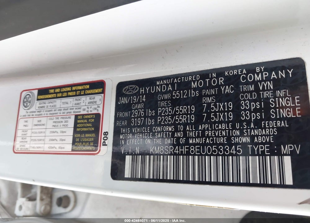 2014 HYUNDAI SANTA FE VIN: KM8SR4HF8EU053345