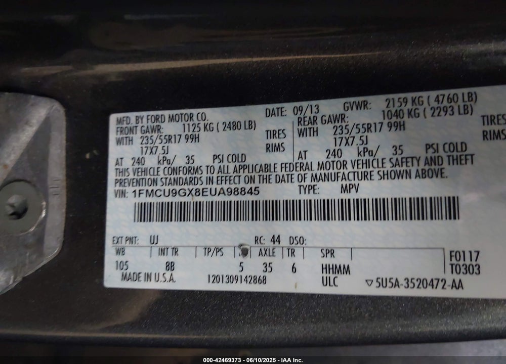 2014 FORD ESCAPE VIN: 1FMCU9GX8EUA98845