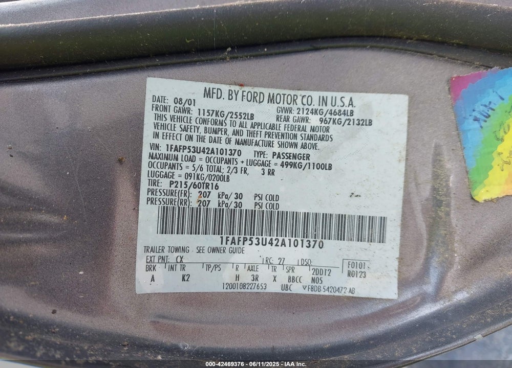 2002 FORD TAURUS SE VIN: 1FAFP53U42A101370