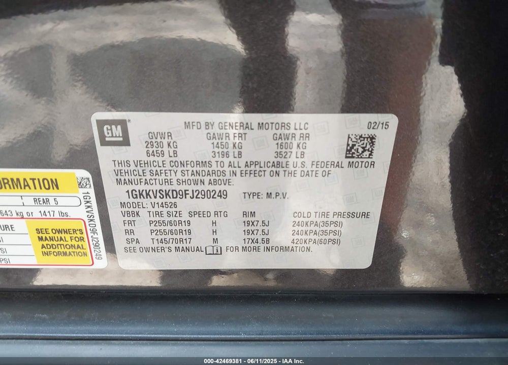 2015 GMC ACADIA VIN: 1GKKVSKD9FJ290249