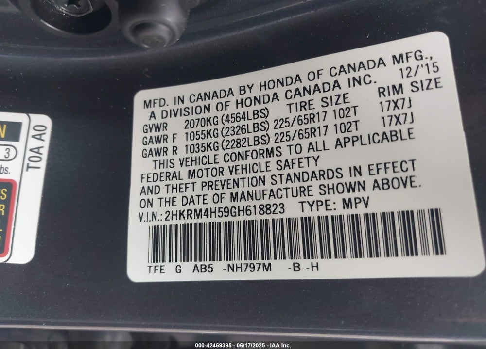 2016 HONDA CR-V VIN: 2HKRM4H59GH618823