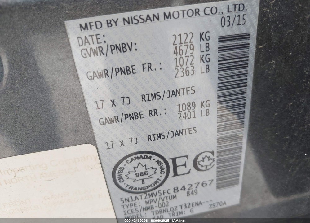 2015 NISSAN ROGUE VIN: 5N1AT2MV5FC842767