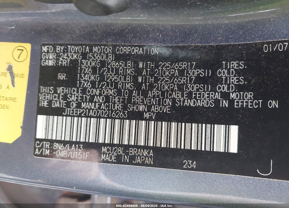 2007 TOYOTA HIGHLANDER LIMITED V6 VIN: JTEEP21A070216263