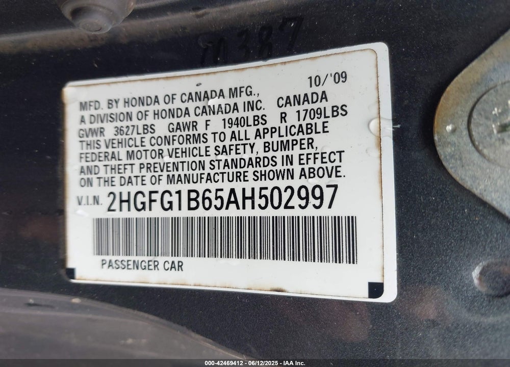 2010 HONDA CIVIC VIN: 2HGFG1B65AH502997