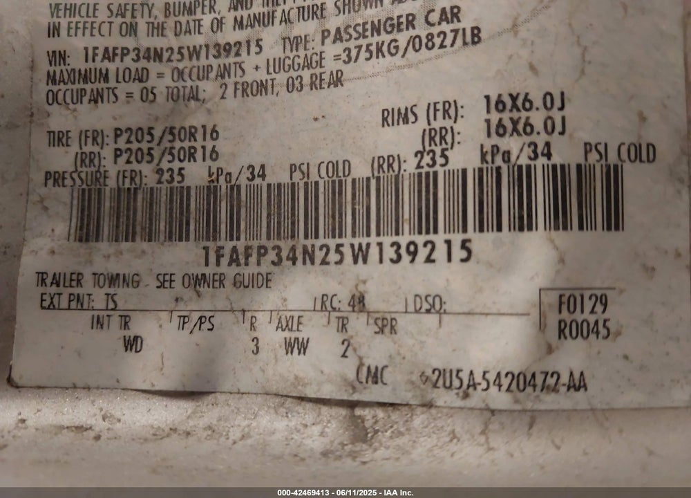 2005 FORD FOCUS VIN: 1FAFP34N25W139215