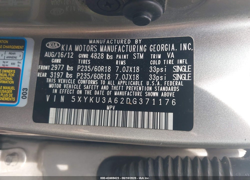 2013 KIA SORENTO VIN: 5XYKU3A62DG371176