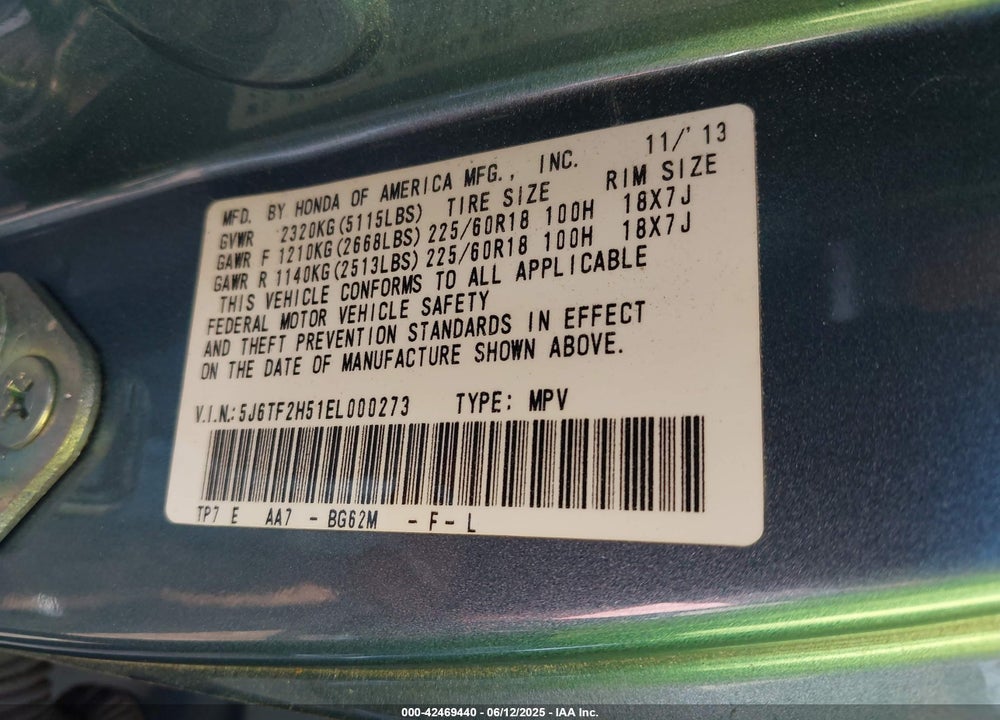2014 HONDA CROSSTOUR VIN: 5J6TF2H51EL000273