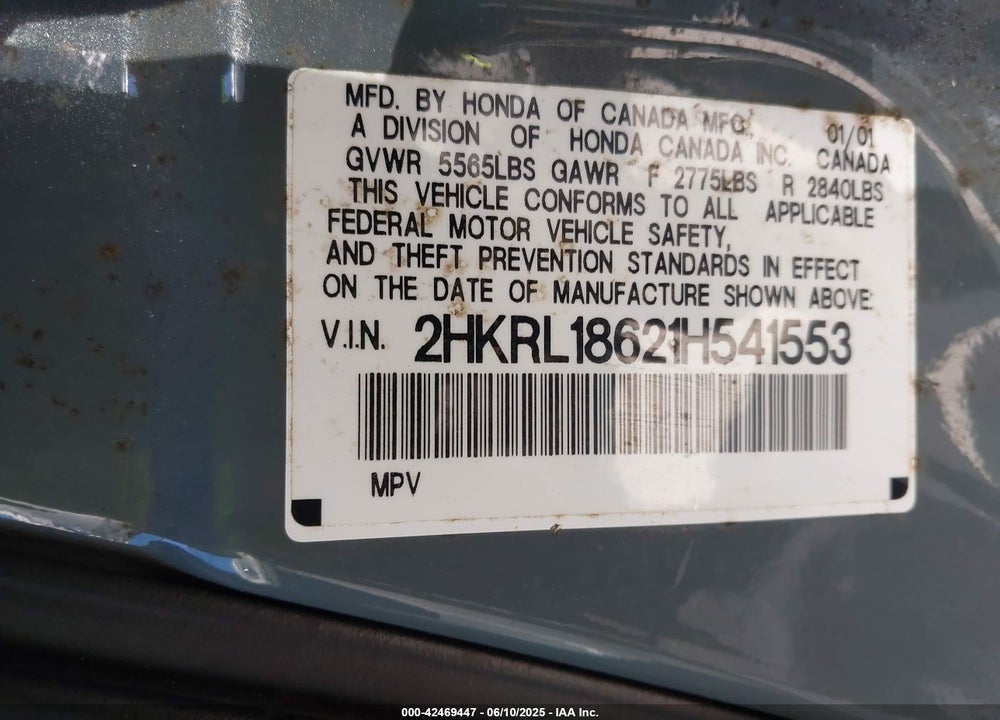 2001 HONDA ODYSSEY EX VIN: 2HKRL18621H541553