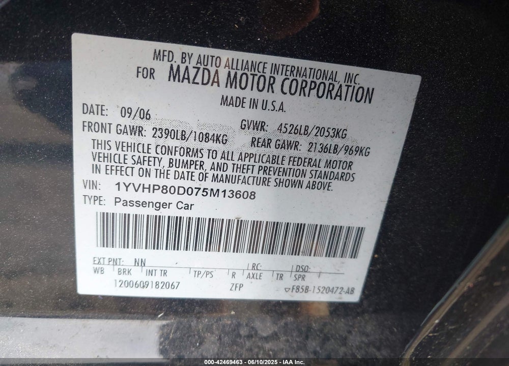 2007 MAZDA 6 S SPORT VE VIN: 1YVHP80D075M13608