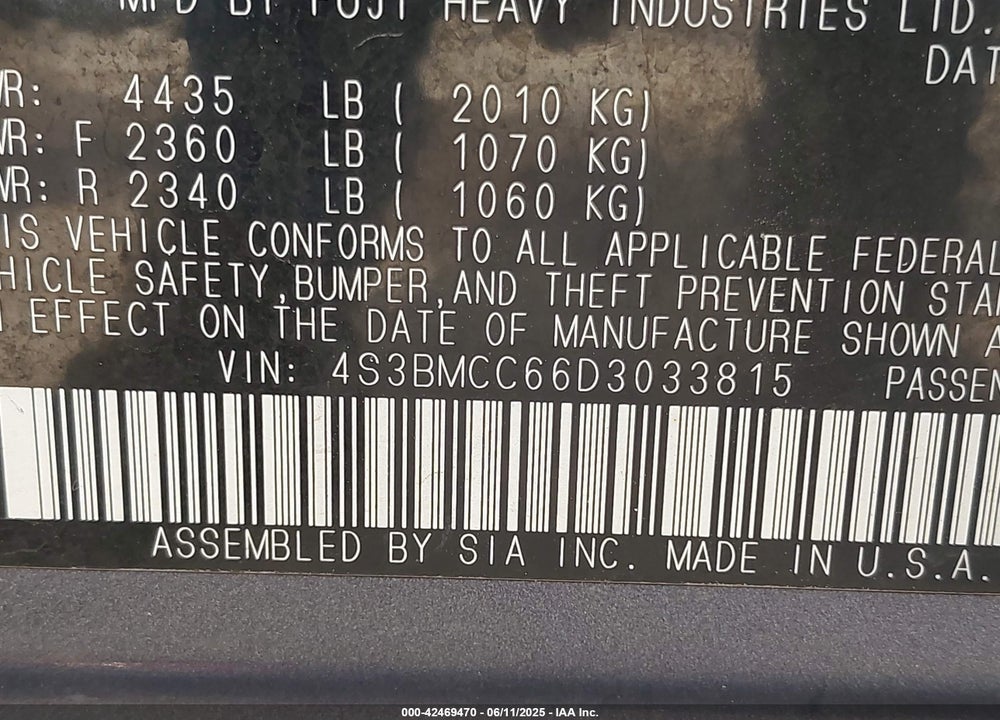 2013 SUBARU LEGACY VIN: 4S3BMCC66D3033815