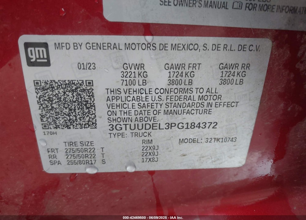 2023 GMC SIERRA 1500 VIN: 3GTUUDEL3PG184372