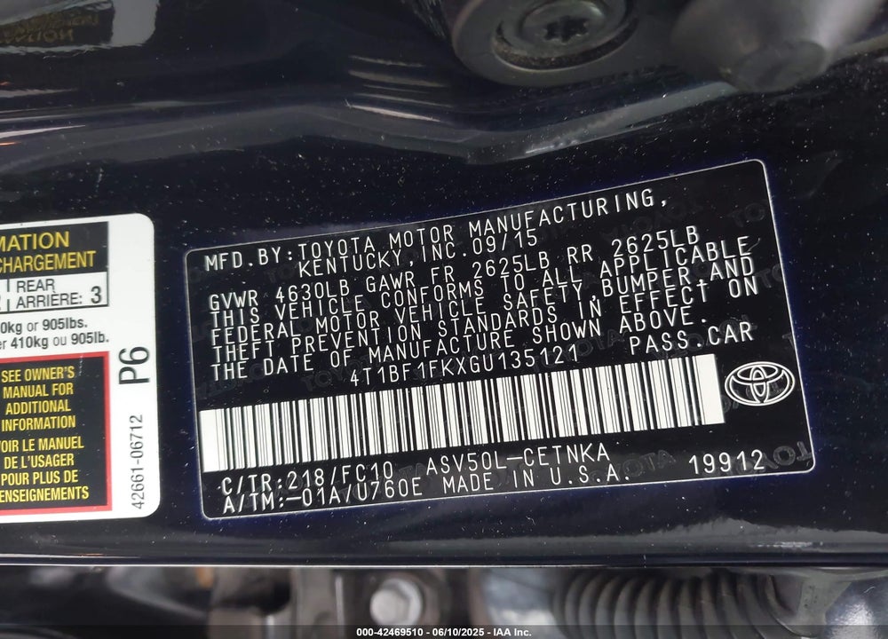 2016 TOYOTA CAMRY VIN: 4T1BF1FKXGU135121