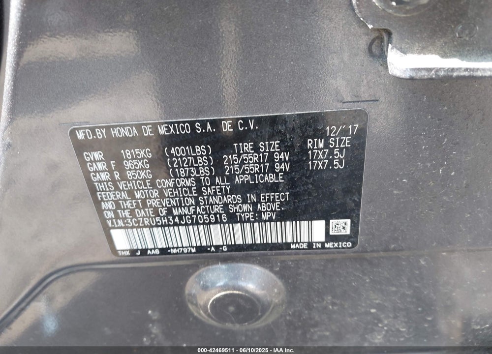 2018 HONDA HR-V VIN: 3CZRU5H34JG705916