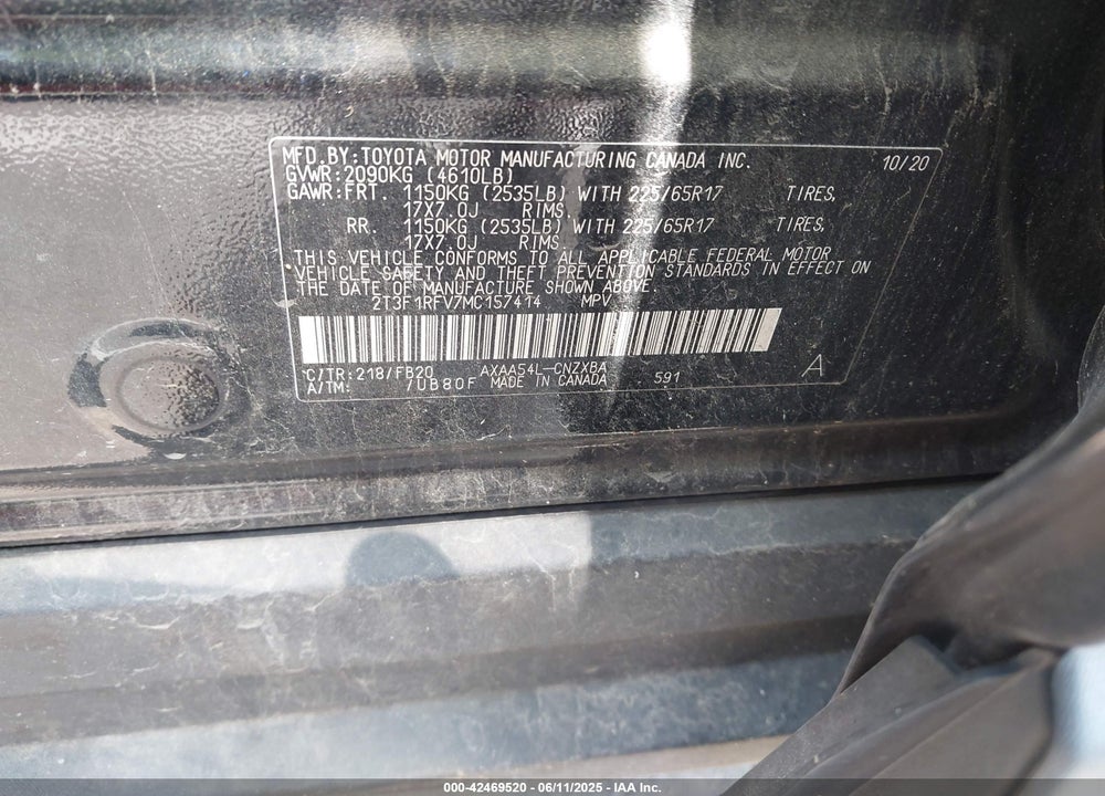 2021 TOYOTA RAV4 VIN: 2T3F1RFV7MC157414