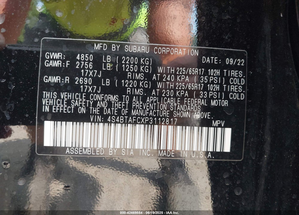 2023 SUBARU OUTBACK VIN: 4S4BTAFCXP3112817