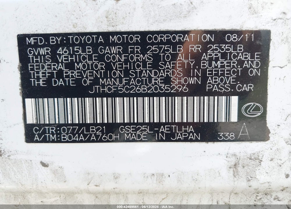 2011 LEXUS IS 250 VIN: JTHCF5C26B2035296