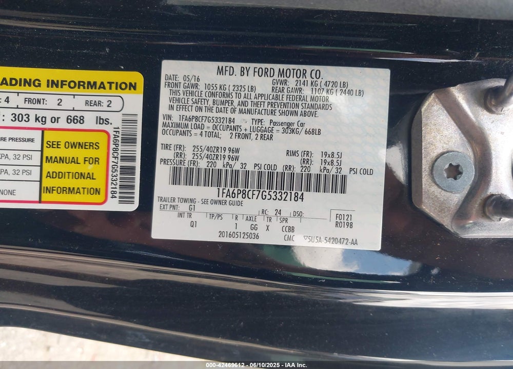 2016 FORD MUSTANG VIN: 1FA6P8CF7G5332184