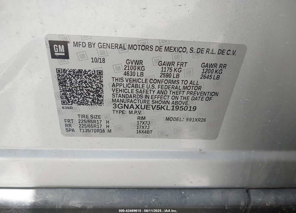 2019 CHEVROLET EQUINOX LT VIN: 3GNAXUEV5KL195019