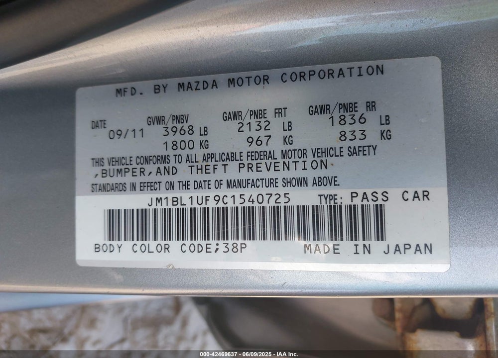 2012 MAZDA 3 VIN: JM1BL1UF9C1540725