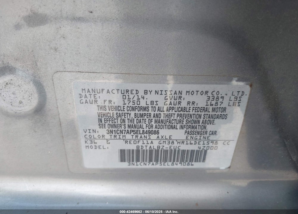 2014 NISSAN VERSA VIN: 3N1CN7AP5EL849086