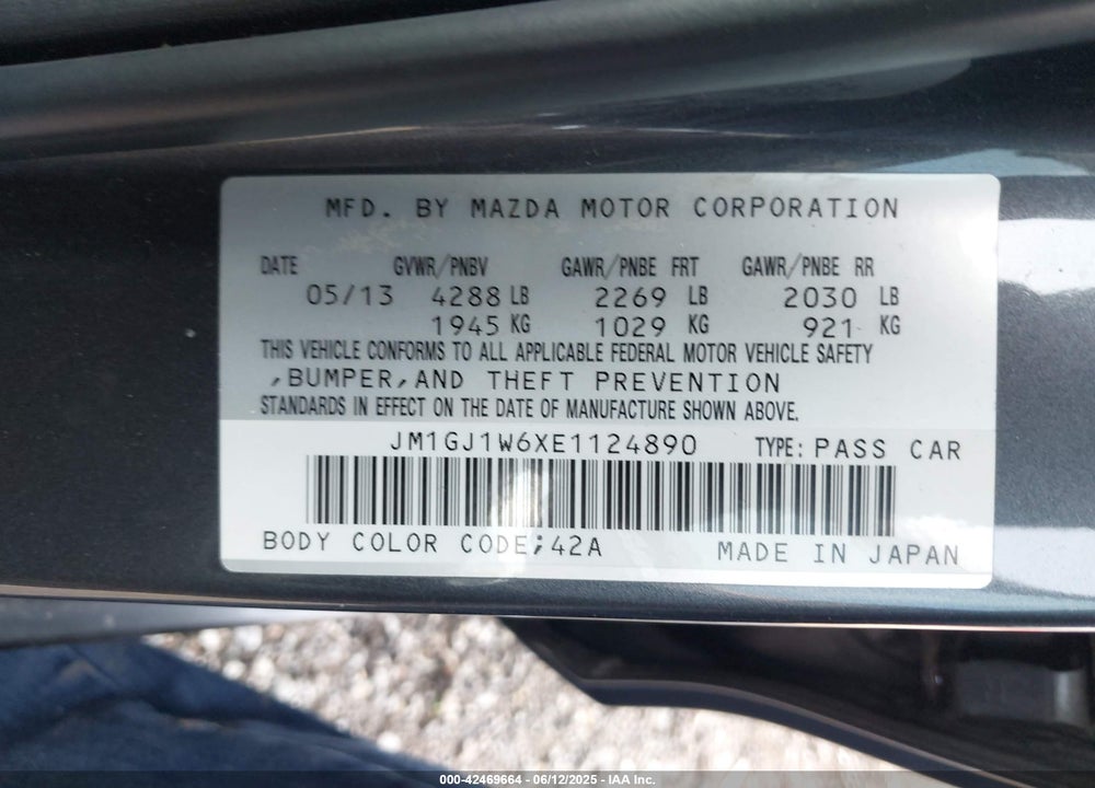 2014 MAZDA MAZDA6 VIN: JM1GJ1W6XE1124890