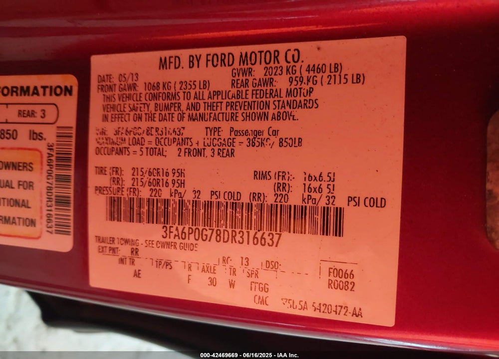 2013 FORD FUSION VIN: 3FA6P0G78DR316637