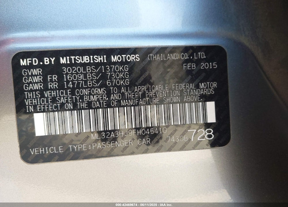 2015 MITSUBISHI MIRAGE VIN: ML32A3HJ9FH045410