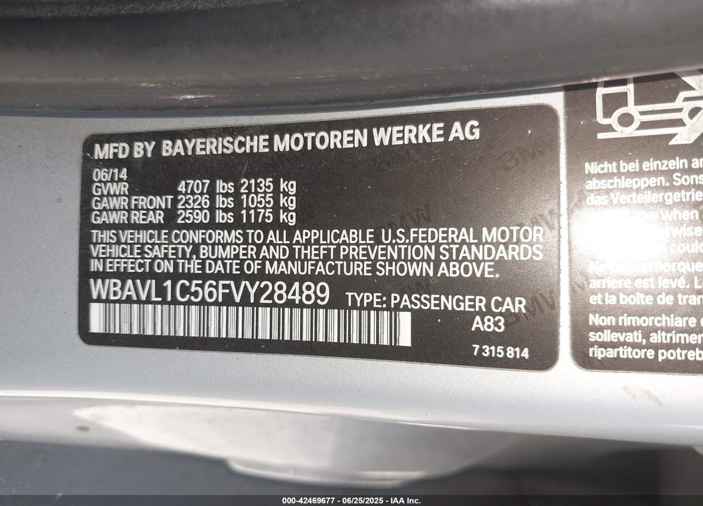 2015 BMW X1 VIN: WBAVL1C56FVY28489